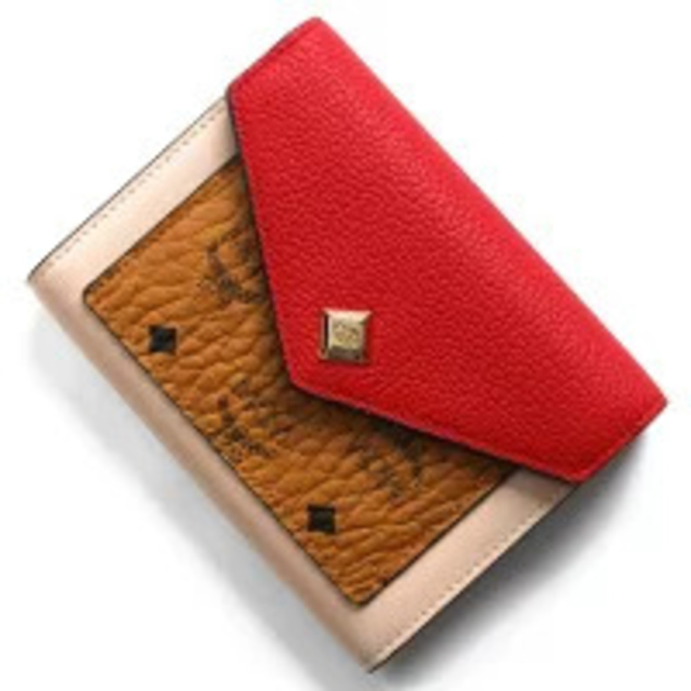 MCM Tri fold Wallet Love Letter Visetos Monogram Red Multi Pink Cognac Brown